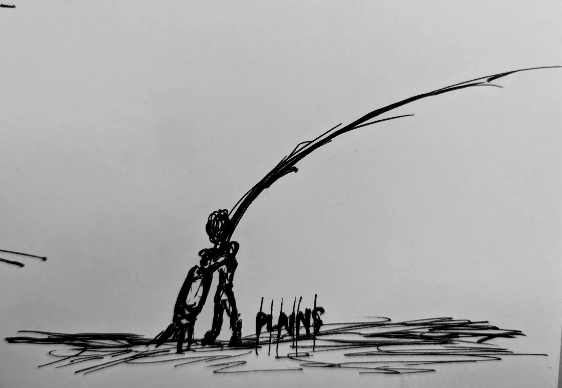 Black ink drawing of a figure pulling a long object